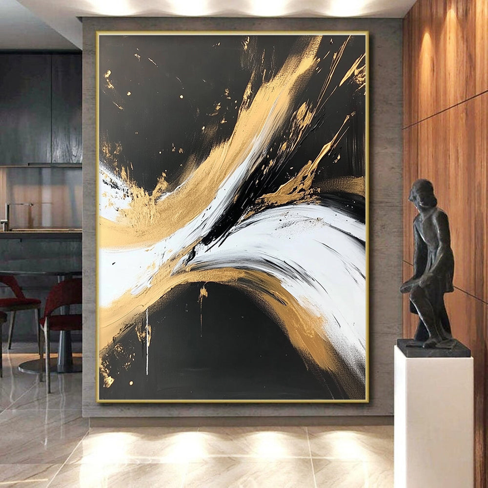 Black Gold and White Abstract Painting with Regal Drama WINK316