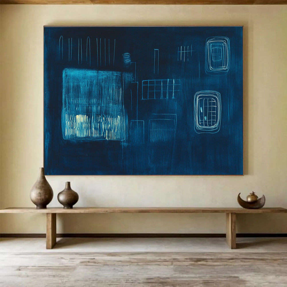 Dark Blue Abstract Forms Painting with Subtle, Mysterious Compositions ABS506