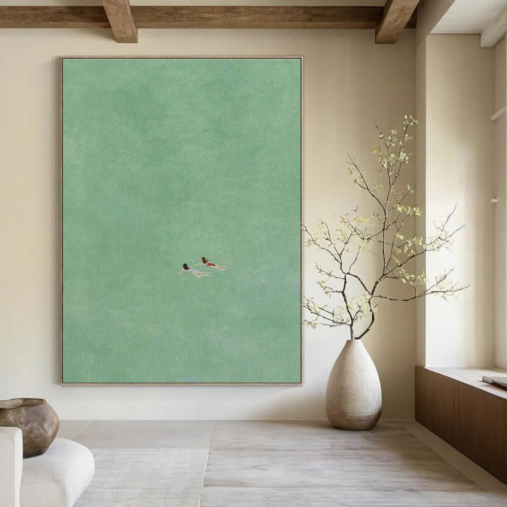 Two Swimmers in Green Minimalist Painting for Calm Interiors HENG305