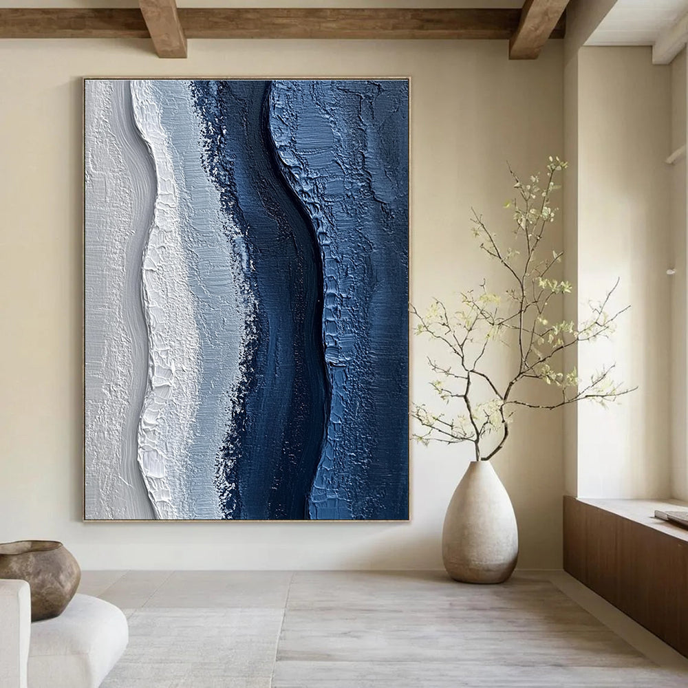 Blue and White Textured Waves Abstract Painting of Oceanic Calm GAB0093