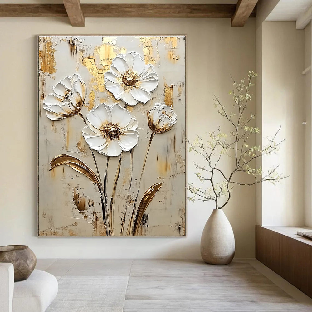 Gold and White Flowers Abstract Painting for Romantic - Themed Weddings GAB0998