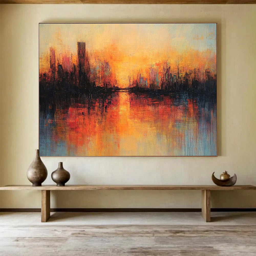 Warm Sunset Cityscape Reflection Abstract Painting ABS198
