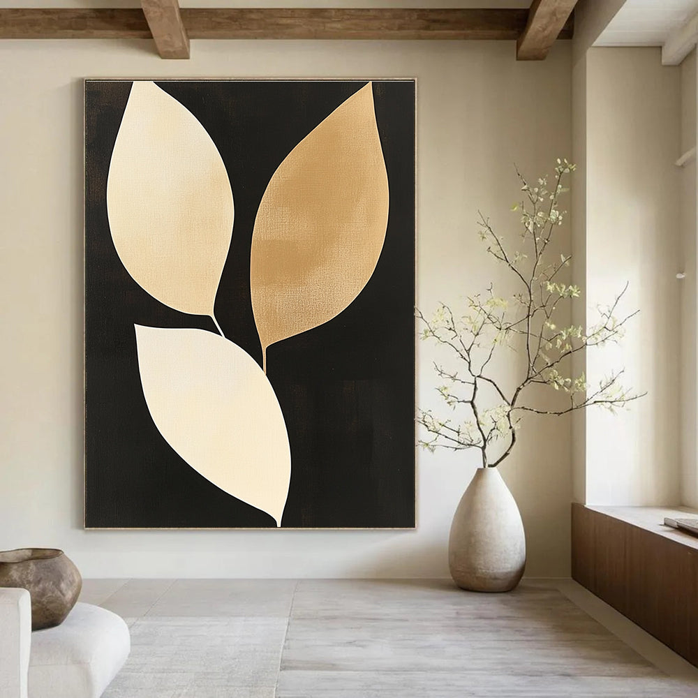 Gold and Beige Leaves Sophisticated Botanical Abstract Painting GAB0295