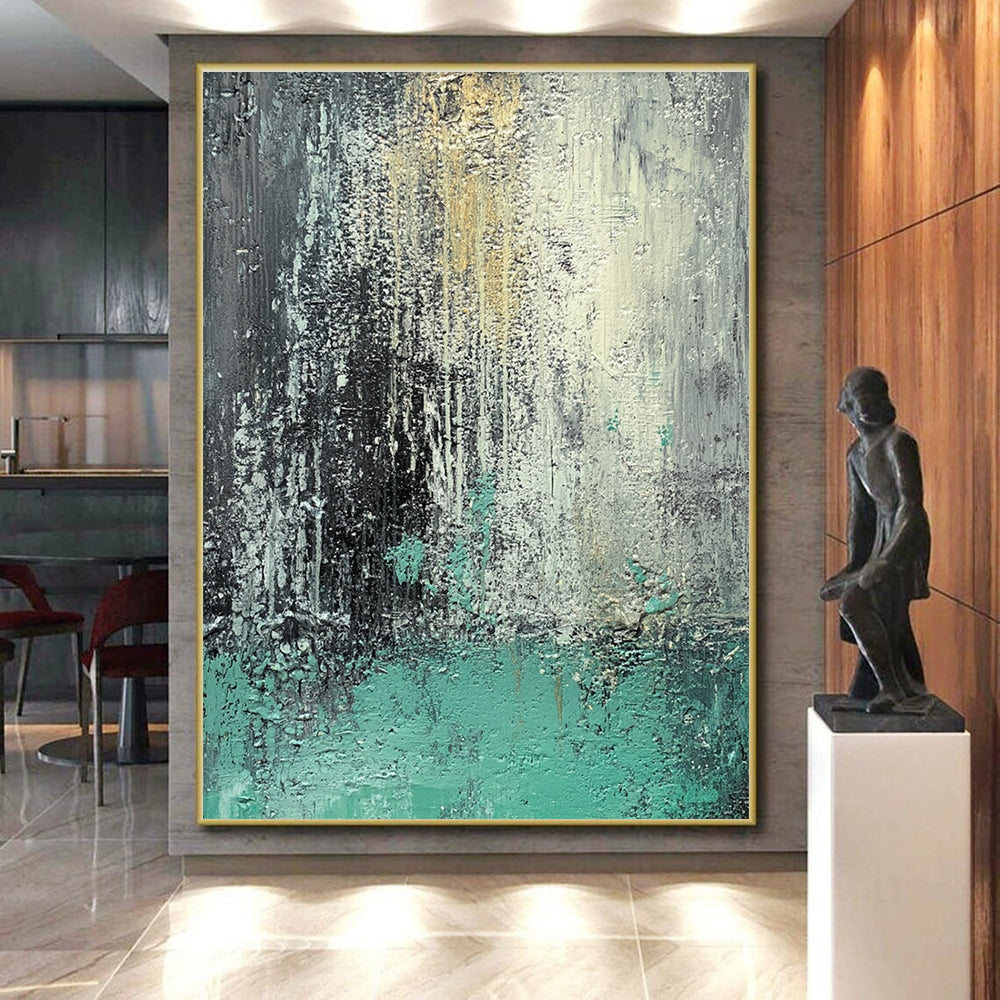 Gray and Teal Dripping Abstract Painting with Dynamic Fluidity WINK287