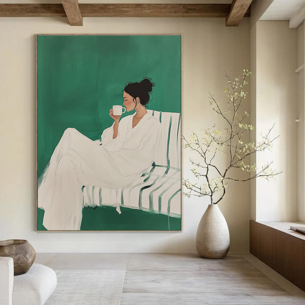 Leisurely Woman with Cup Abstract Painting in Green and White GAB0020