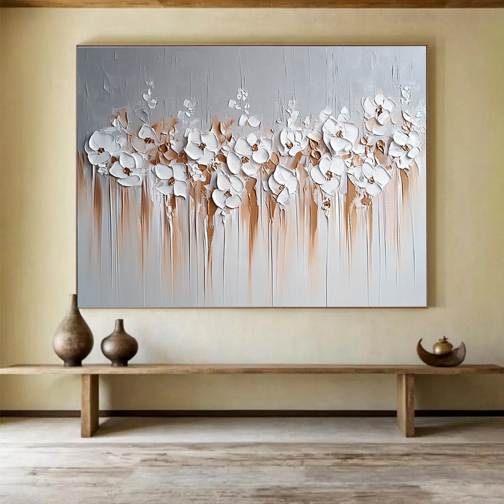 White Flowers and Brown Drips Abstract Painting with 3D Textural Beauty ABS452
