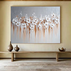 White Flowers and Brown Drips Abstract Painting with 3D Textural Beauty ABS452