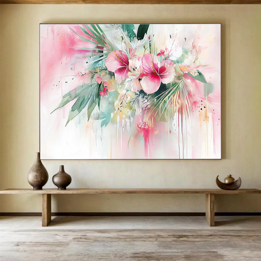 Pink Floral Watercolor Abstract Painting with Lively, Dripping Blooms ABS449