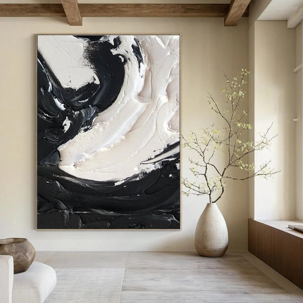 Black - White Swirl Textured Abstract Painting for Contemporary Bedrooms HENG385