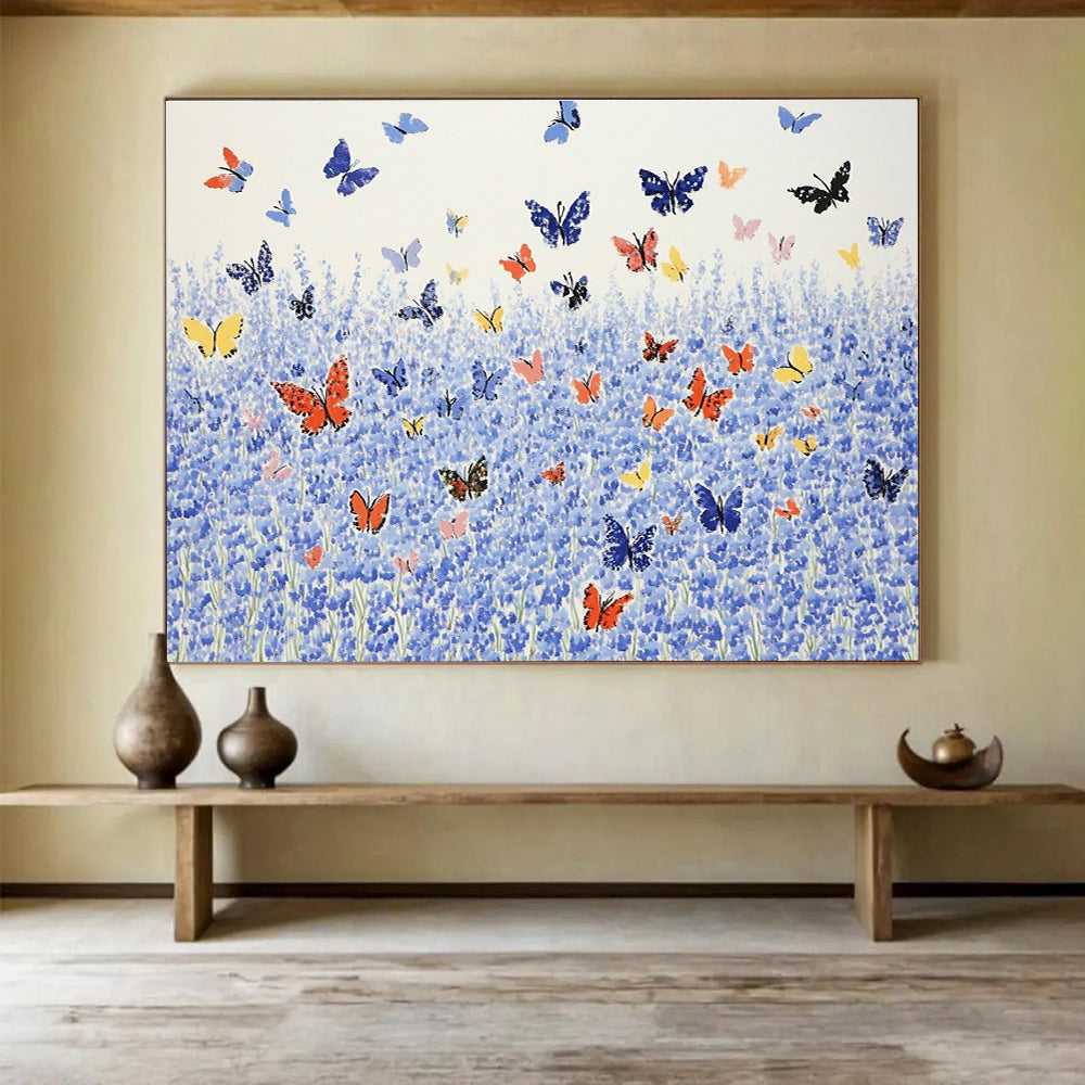 Blue Field with Colorful Butterflies  Nature’s Joyful Scene ABS055