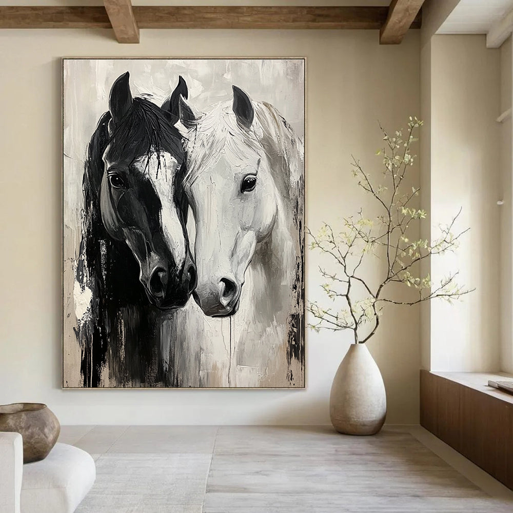 Two Horses in Black and White Dynamic Abstract Painting for Energetic Interiors GAB1433