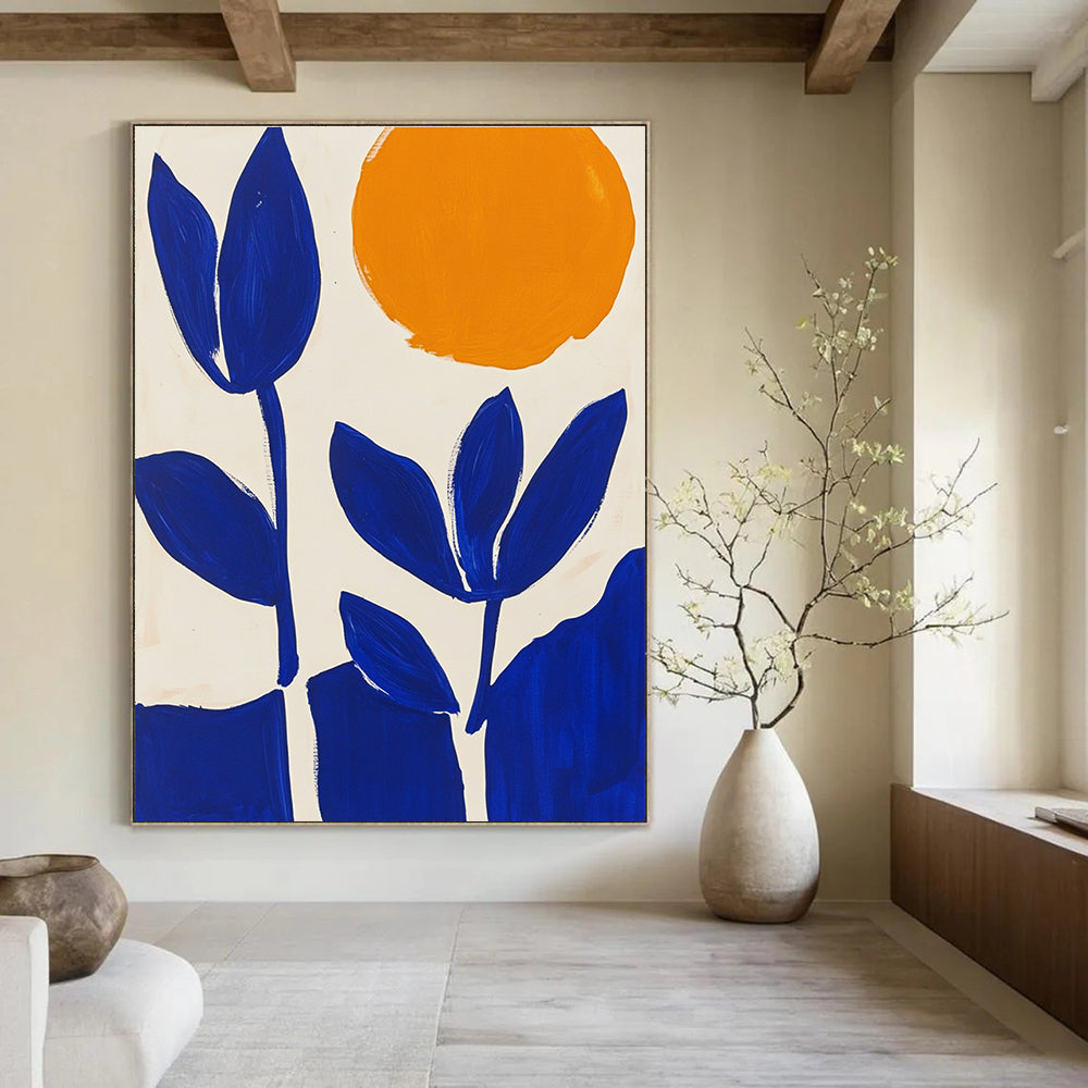 Blue Flowers and Orange Sun Abstract Painting for Cheerful Kitchens GAB1374