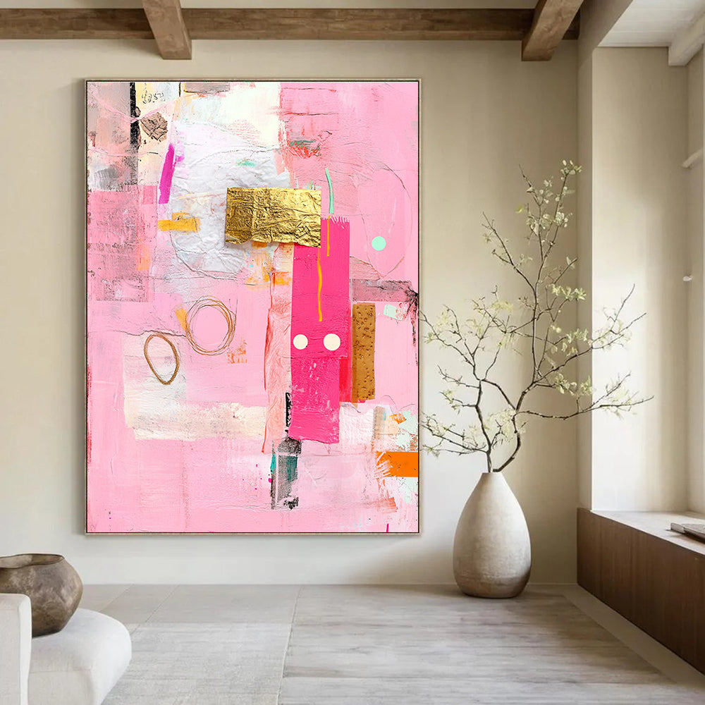 Pink Collage Art Vibrant Mixed - Media Abstract Painting GAB0320