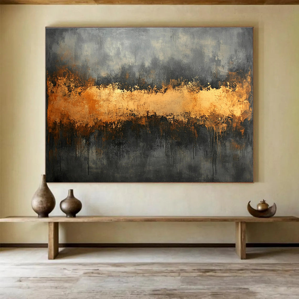 Gray and Gold Abstract Painting with Dripping Textures ABS305