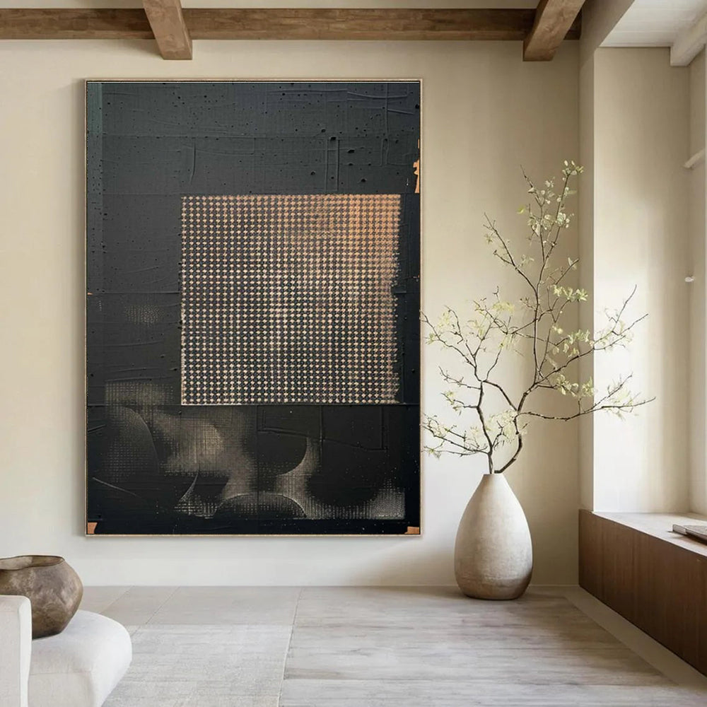 Black and Gold Grid Abstract Painting for Contemporary Art Spaces HENG306