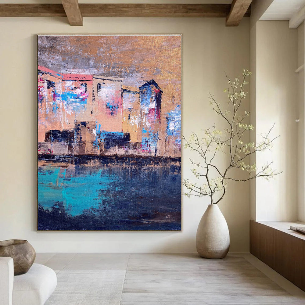 Riverside Buildings Abstract Painting for Bohemian - Style Cafes HENG460