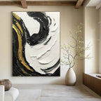 Black - White - Gold Swirl Textured Abstract Painting for Luxury Interiors HENG381