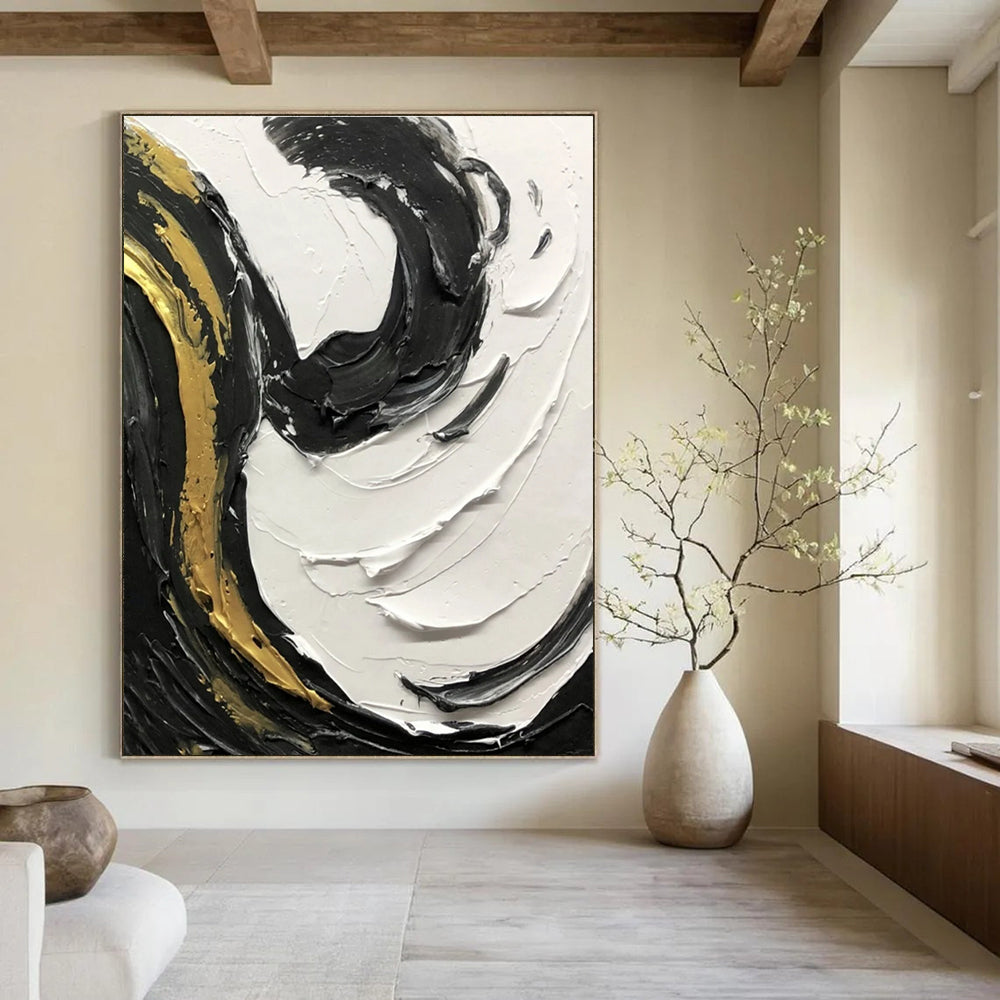 Black - White - Gold Swirl Textured Abstract Painting for Luxury Interiors HENG381