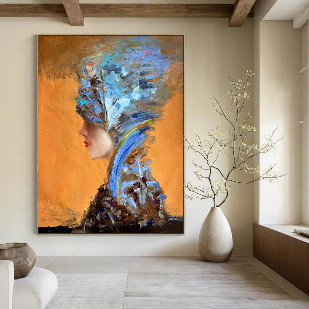 Blue and Brown Textured Portrait Abstract Painting for Sophisticated Dining Rooms HENG348
