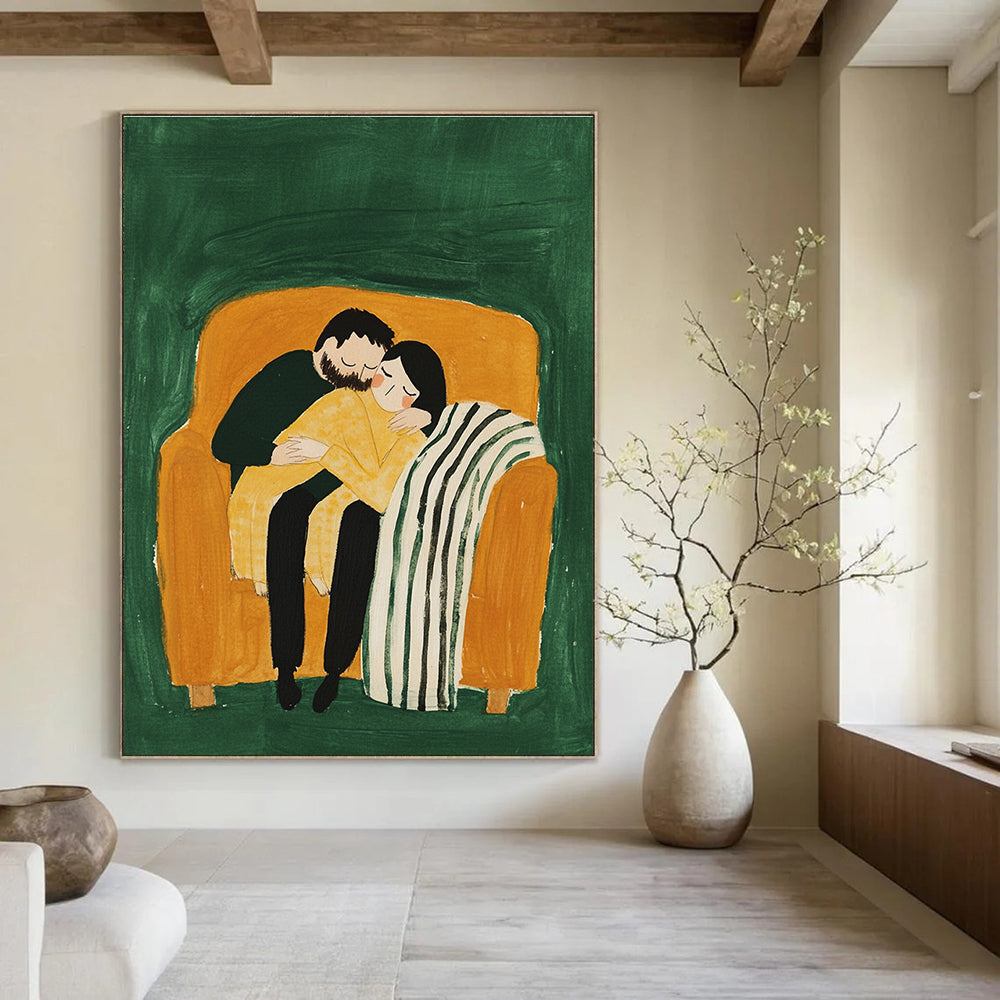 Cuddling Couple on Sofa Abstract Painting of Warm Intimacy GAB0192