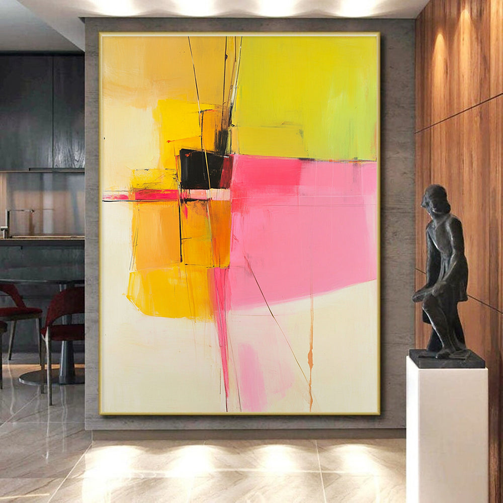 Yellow Pink Geometric Abstract Painting with Bold Contrasts WINK692