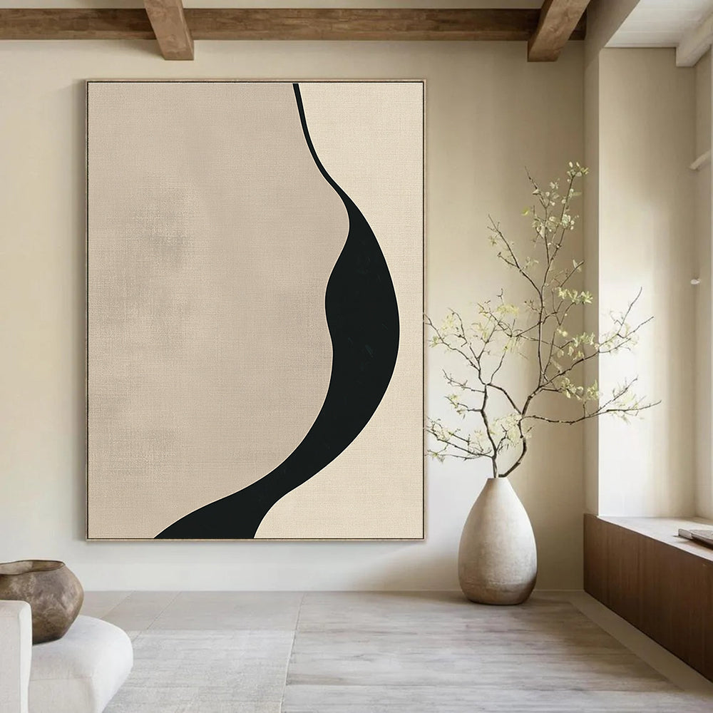 Curved Black and Beige Shape Abstract Painting for Monochrome - Themed Bedrooms GAB1364