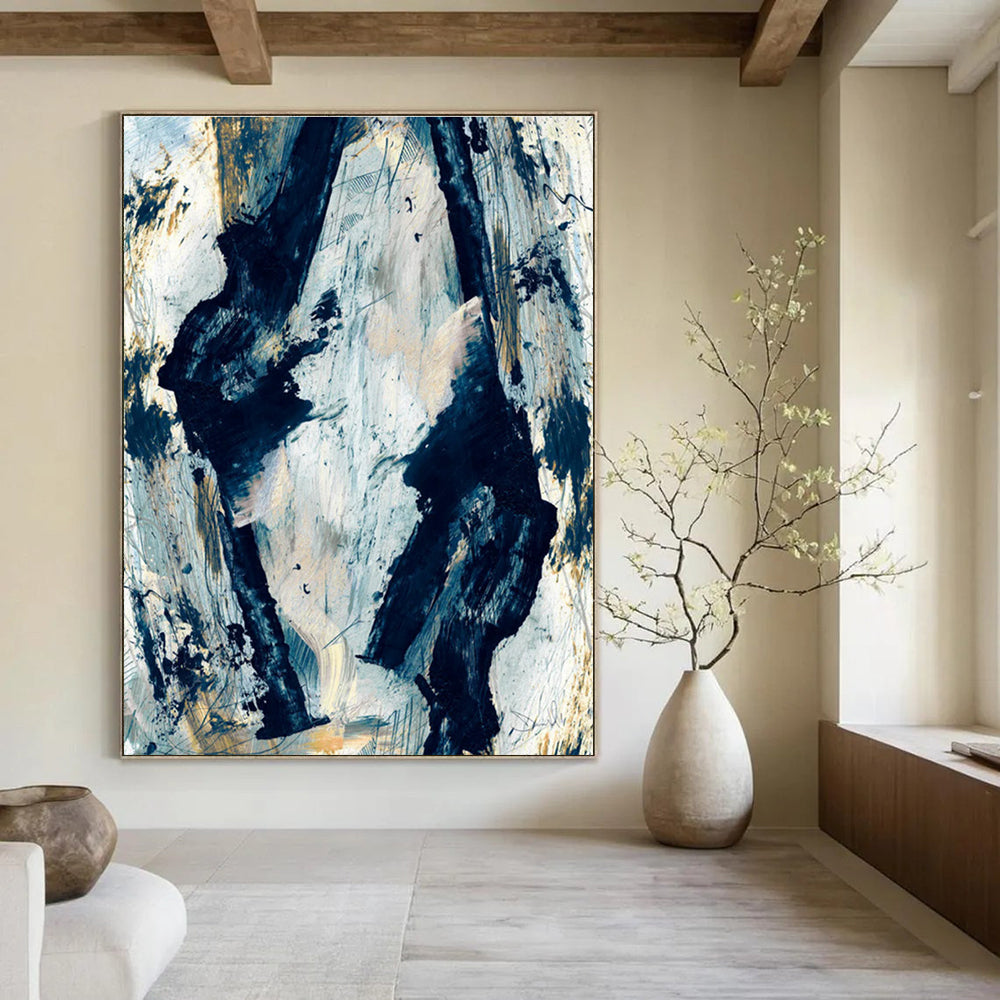 Dynamic Blue - Black Abstract Forms Painting for Dramatic Interiors HENG244