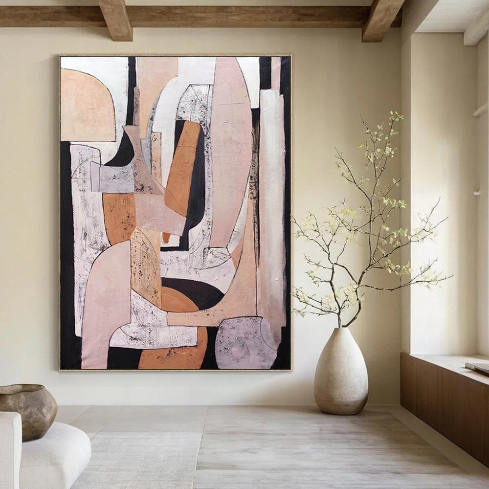 Modern Neutral - Toned Geometric Collage Painting for Contemporary Decor HENG252