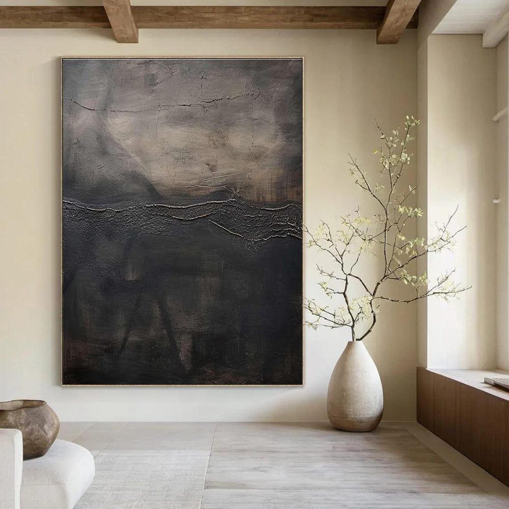 Textured Dark Abstract Landscape Painting for Avant - Garde Art Spaces HENG515