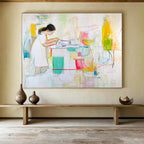 Woman at Work in Colorful Kitchen with Expressive Lines Abstract Painting ABS325