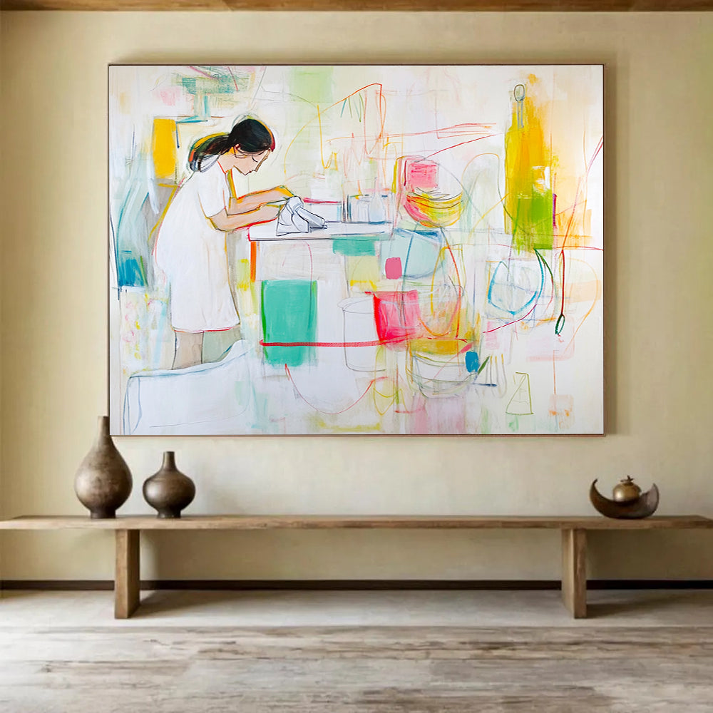 Woman at Work in Colorful Kitchen with Expressive Lines Abstract Painting ABS325