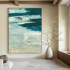 Textured Blue - Green Abstract Painting for Coastal - Inspired Home Offices HENG176