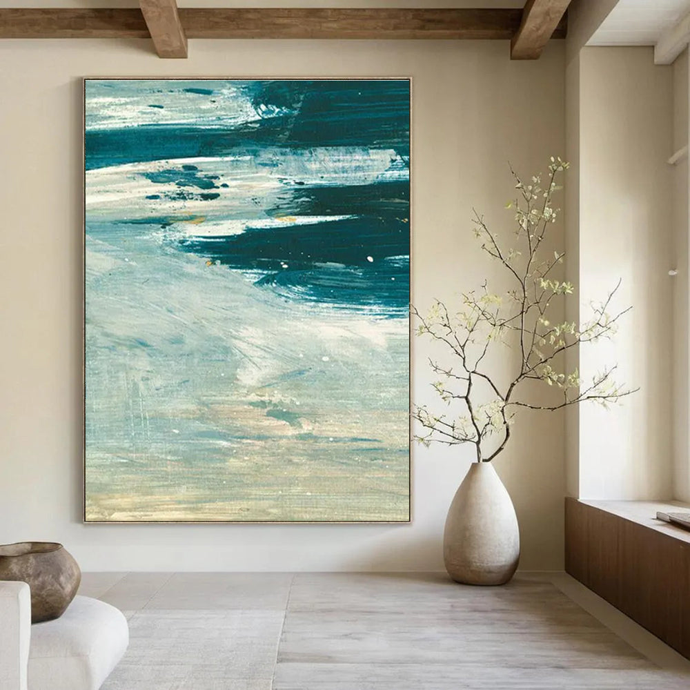 Textured Blue - Green Abstract Painting for Coastal - Inspired Home Offices HENG176