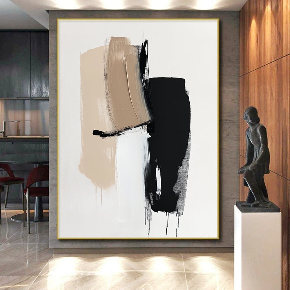 Beige Black White Abstract Painting with Minimalist Forms WINK632