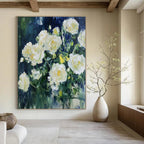 White Roses in Blue Impressionistic Abstract Painting for Romantic Spaces GAB1537