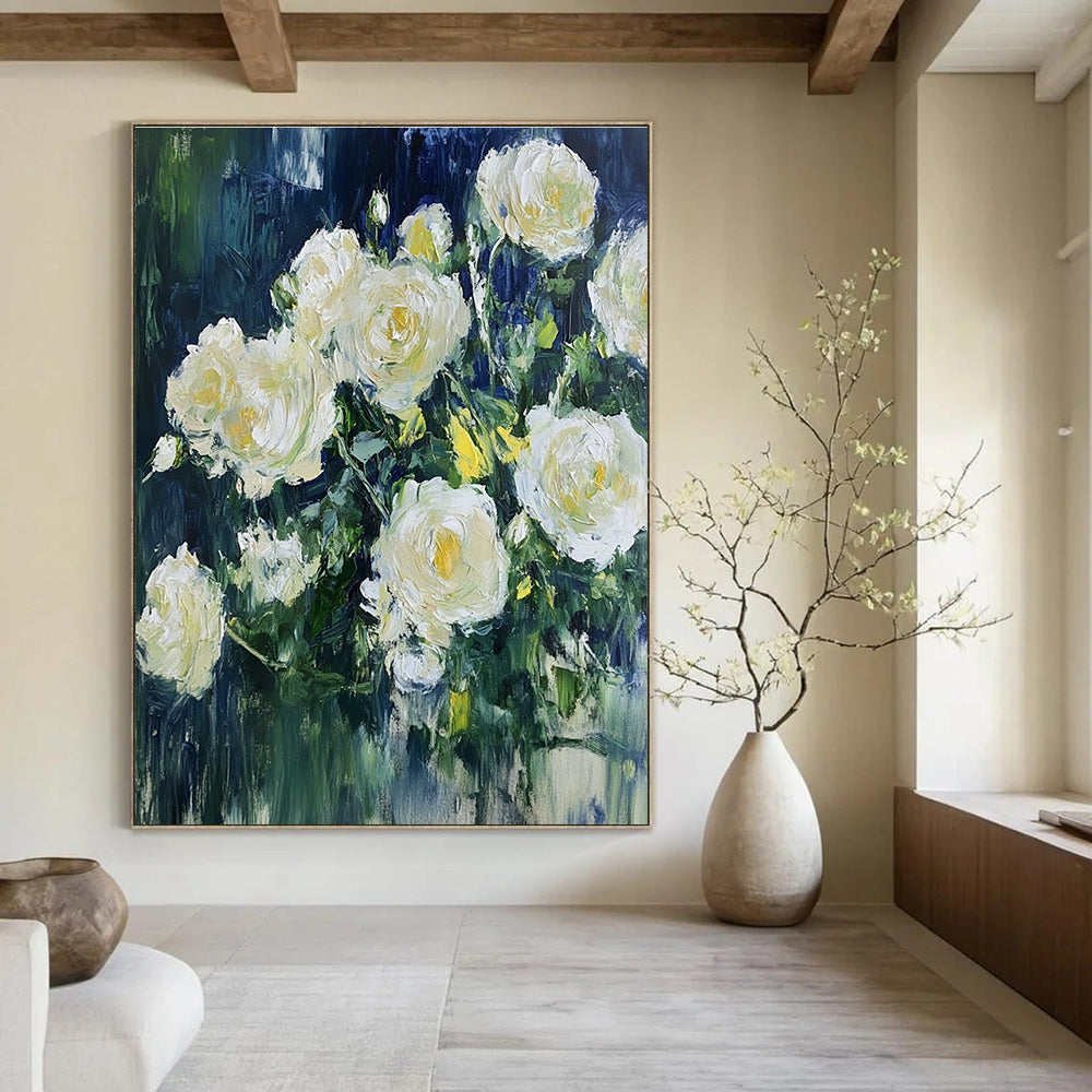 White Roses in Blue Impressionistic Abstract Painting for Romantic Spaces GAB1537