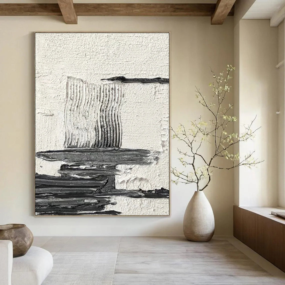 Black - White Textured Abstract Composition Painting for Minimalist Studies HENG388
