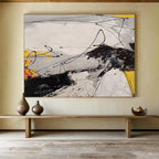 Dynamic Black - White - Yellow Abstract Energetic Painting for Bold Interiors YHT029