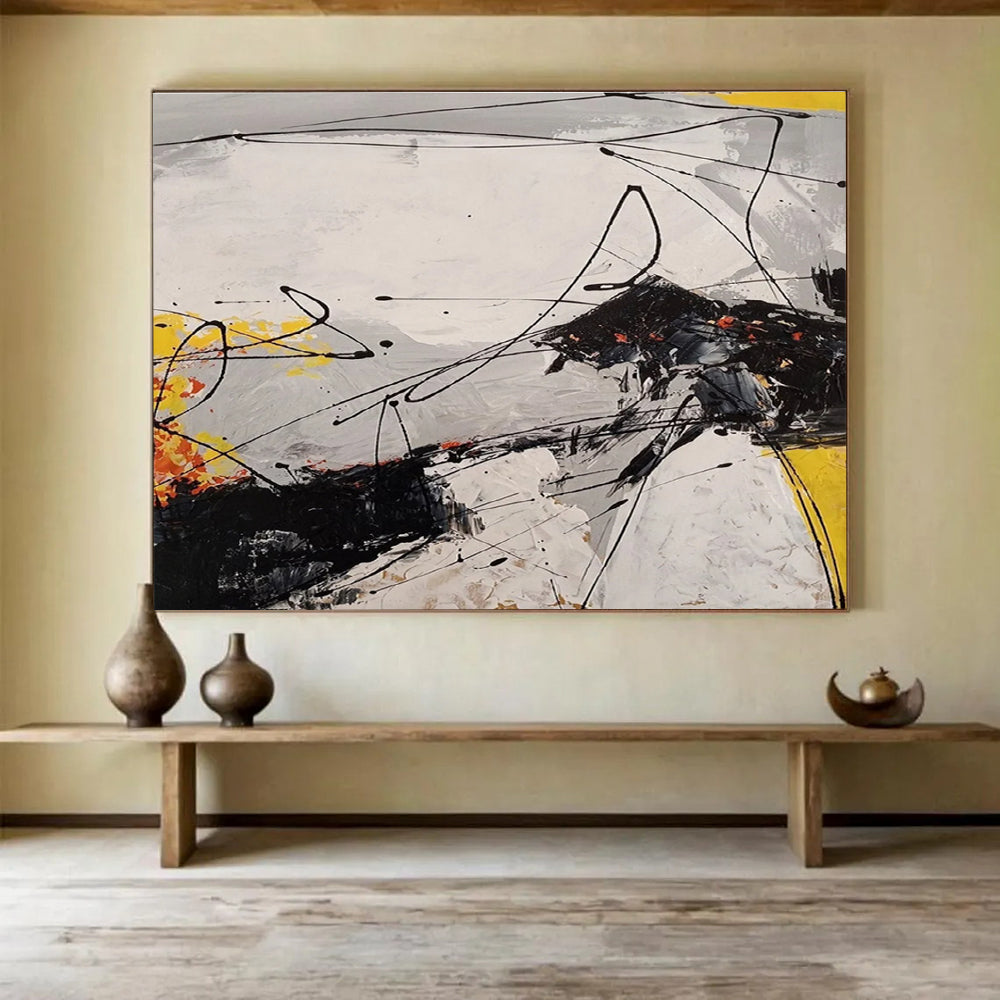 Dynamic Black - White - Yellow Abstract Energetic Painting for Bold Interiors YHT029