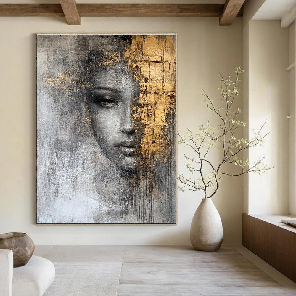 Gray and Gold Portrait Abstract Painting for Luxury Living Rooms GAB0973