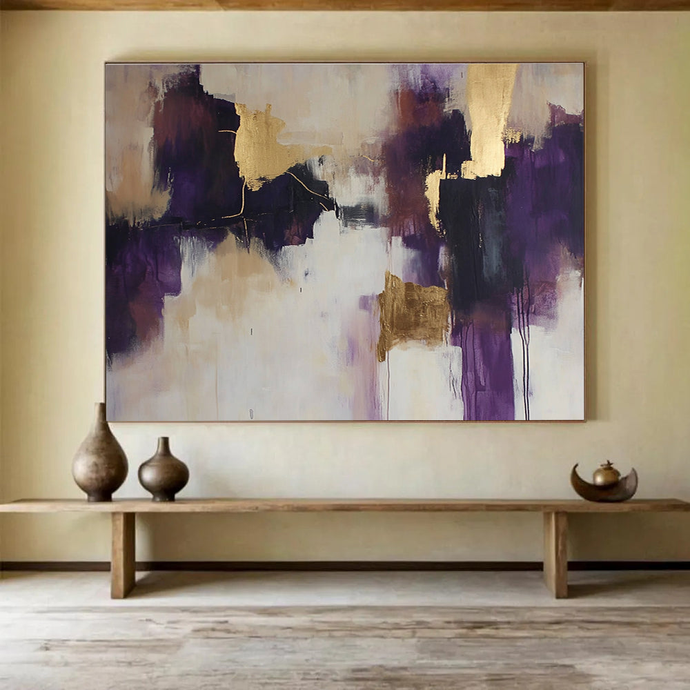 Purple and Gold Abstract Forms Painting with Opulent Hues ABS396