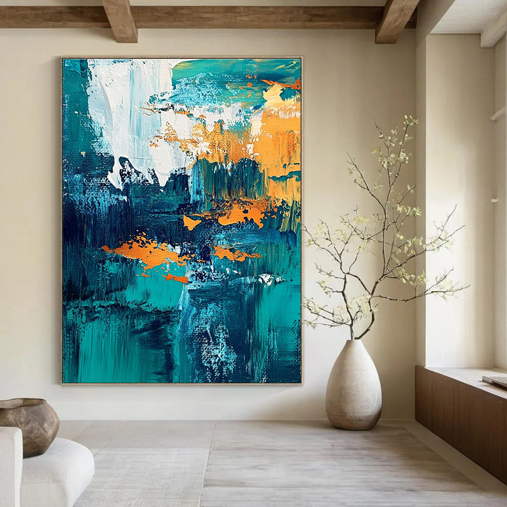 Teal and Gold Abstract Composition Painting for Coastal - Inspired Residences GAB1168