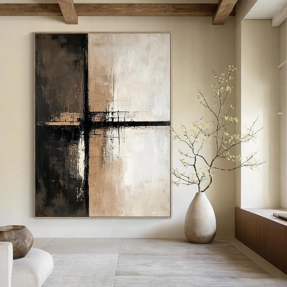 Textured Brown and Black Cross Abstract Painting for Modern Interiors GAB0680