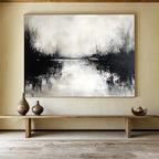 Monochrome Lake Scene: Moody Stillness in Black and White Abstract Painting ABS173