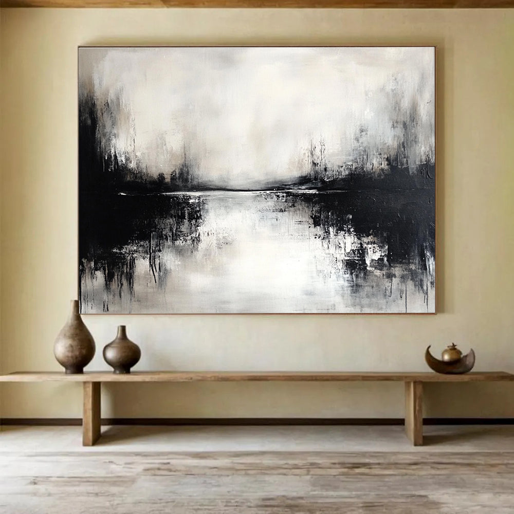 Monochrome Lake Scene: Moody Stillness in Black and White Abstract Painting ABS173