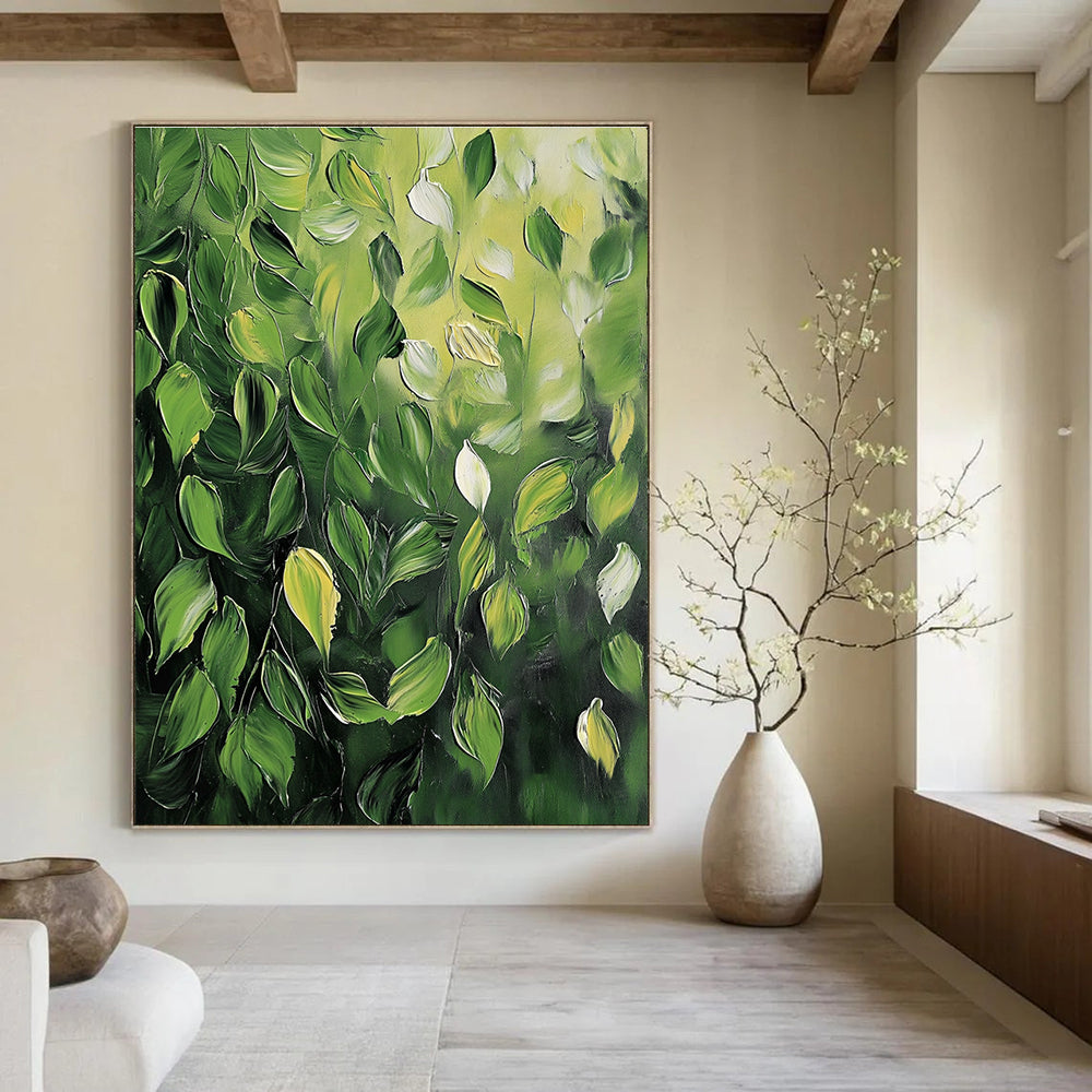 Green Leaves Impasto Textured Nature Abstract Painting GAB0281