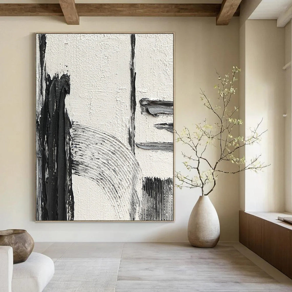 Black - White - Gray Textured Abstract Painting for Modern Hallways HENG386