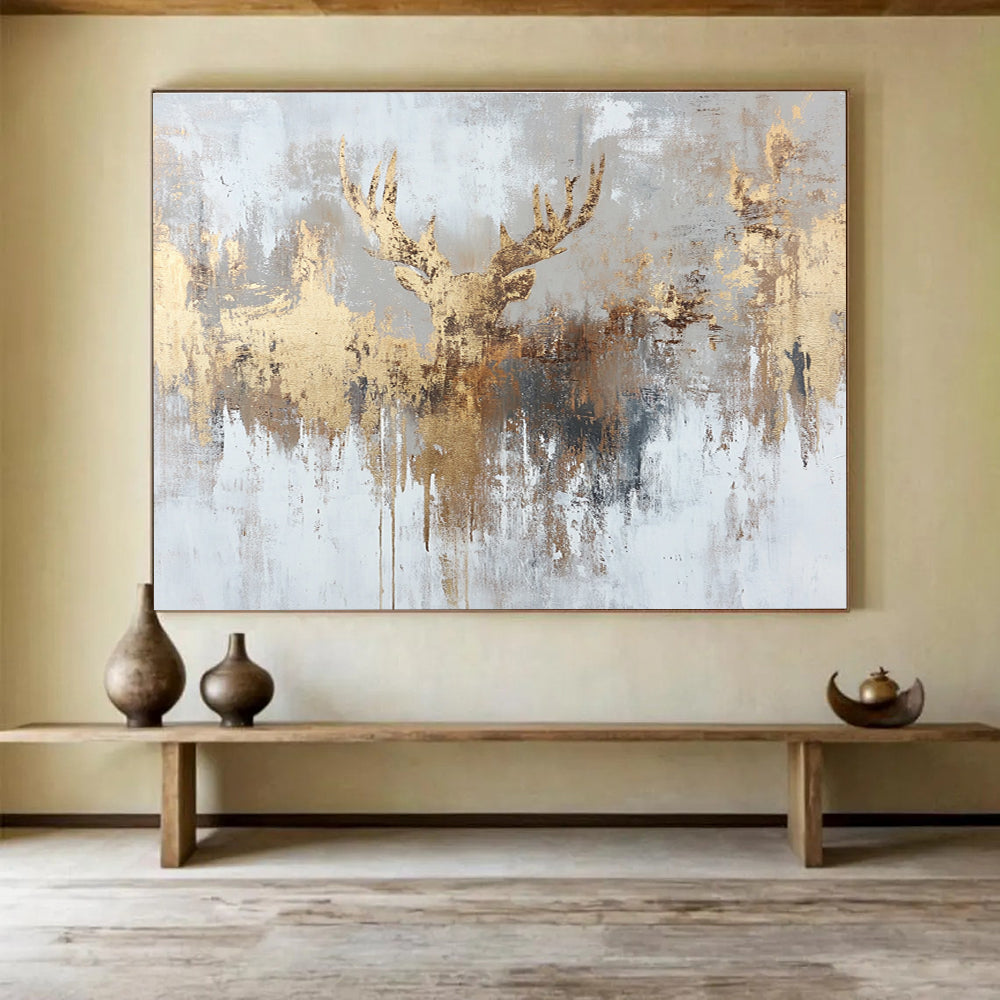 Golden Deer Motif Abstract Painting on Gray Background ABS393