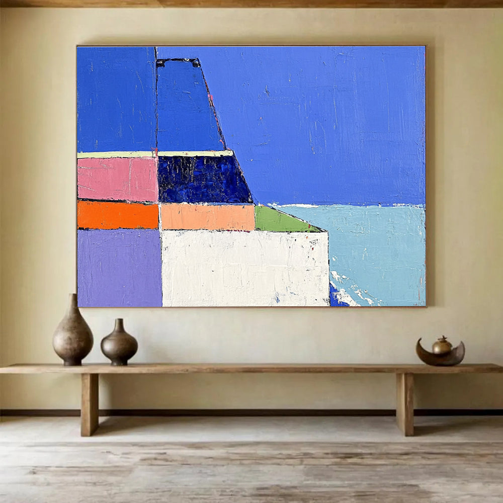 Colorful Coastal Abstract Painting with Geometric Shapes ABS310