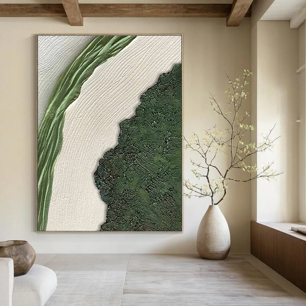 Textured Green and White Landscape Painting for Nature - Inspired Minimalist Spaces HENG316